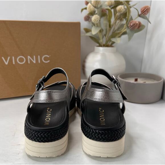 Vionic Mar Leather Strappy Platform Sandal Pewter Buckle I8675L9020 Women 6M NWB - Picture 4 of 11